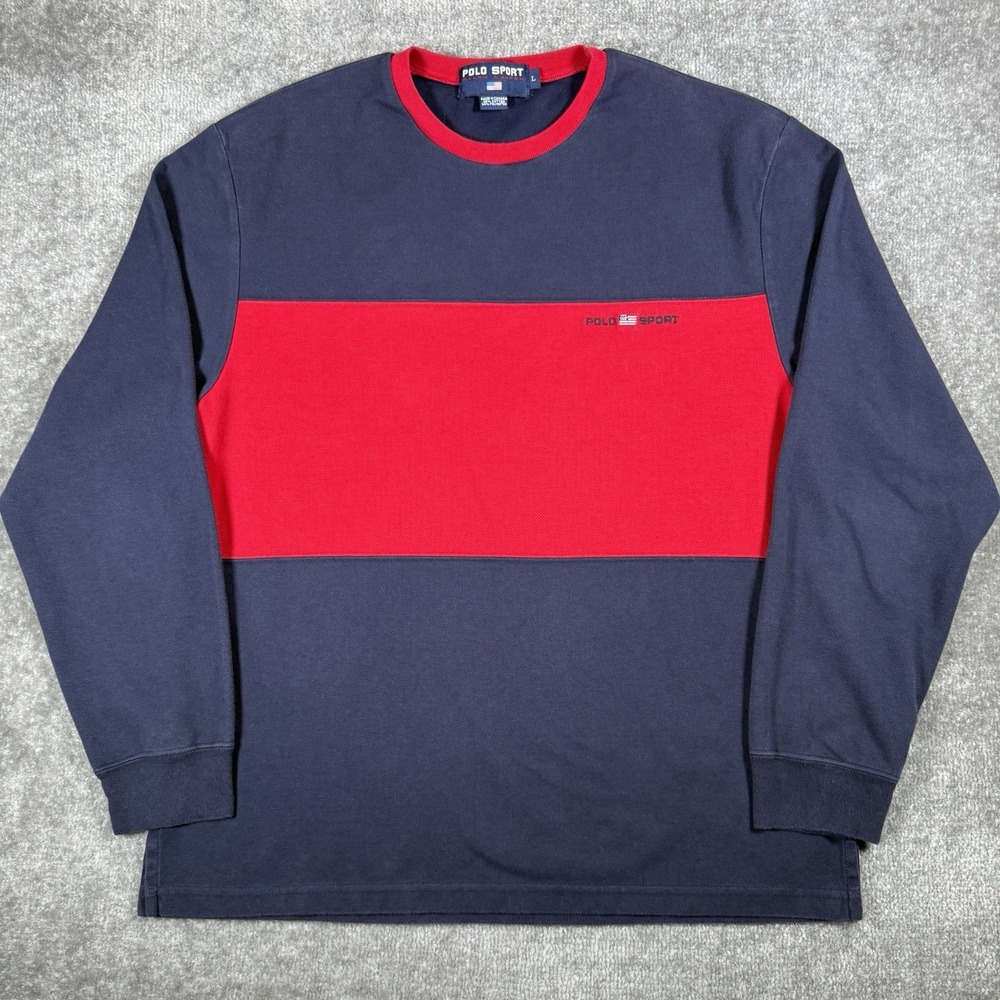 Polo Sport Ralph Lauren Shirt Men's Large Blue Colorblock Crew Neck Long Sleeve